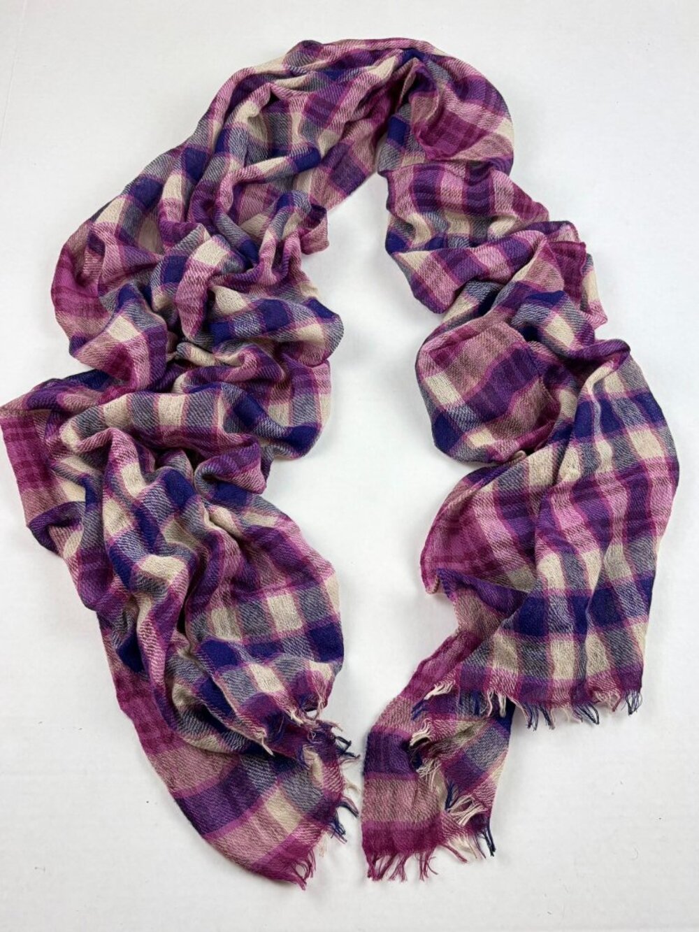Gap Purple & Cream Plaid Wool Blend Scarf 82" L x 24 1/2" W Preppy Classic